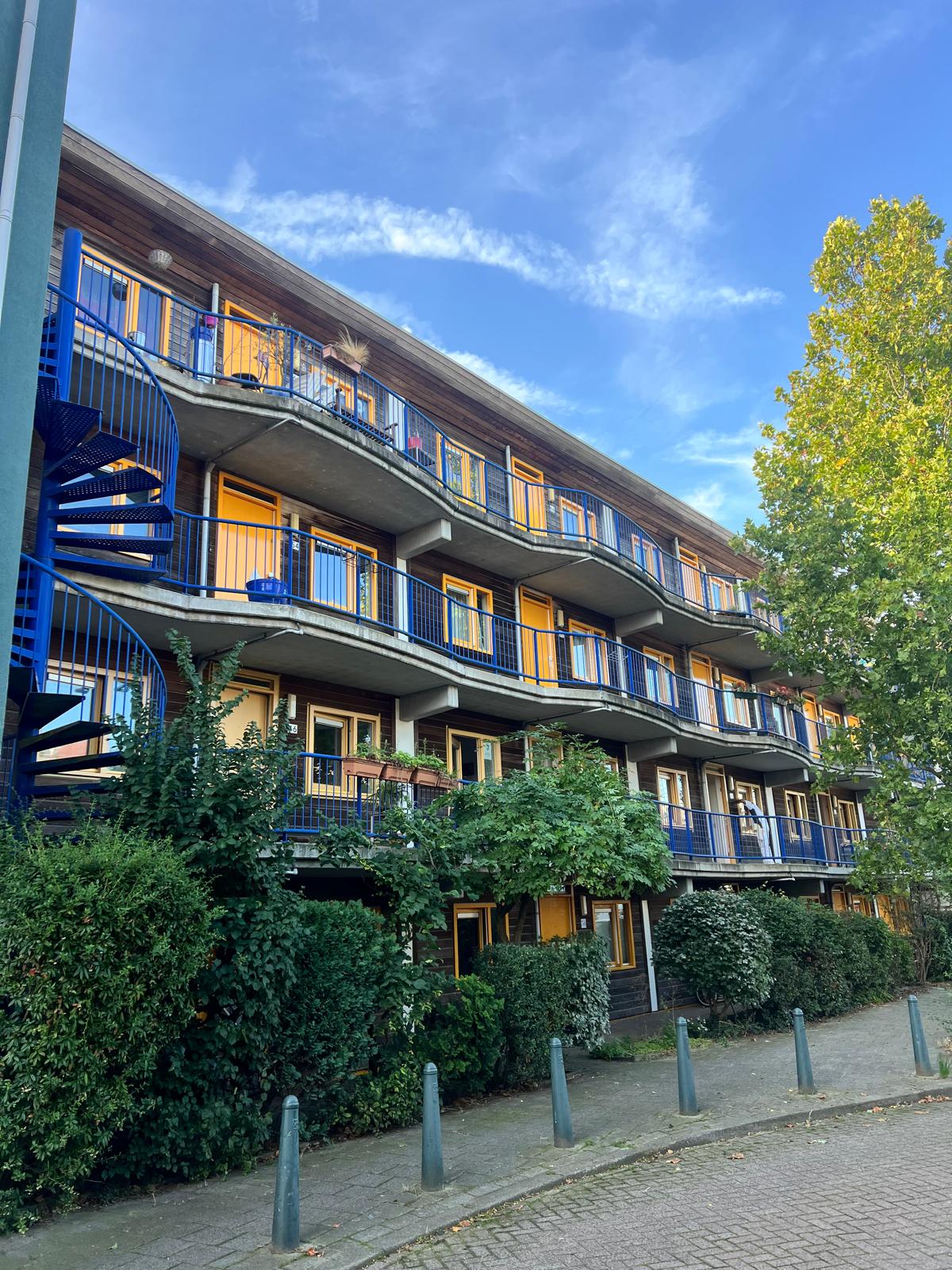 Appartementencomplex met meerdere geveldelen en geschilderde kozijnen